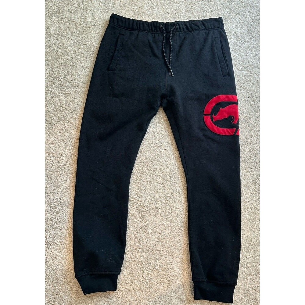 Eckö Unltd Mens Black Red Rhino Logo Fleece Jogger Sweatpants Size XL Y2K